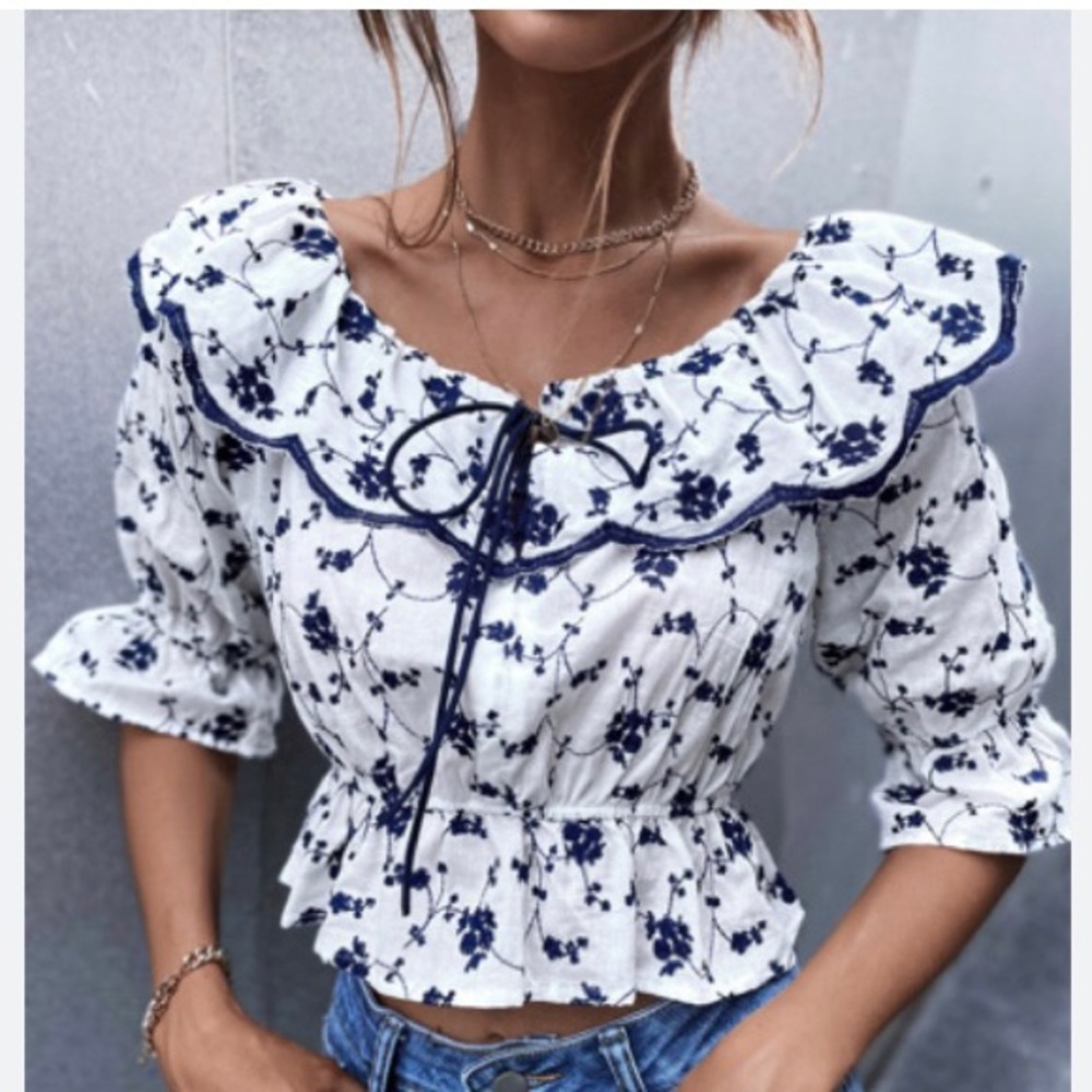 Zara Embroidered Ruffle Crop Top - Picture 2 of 15